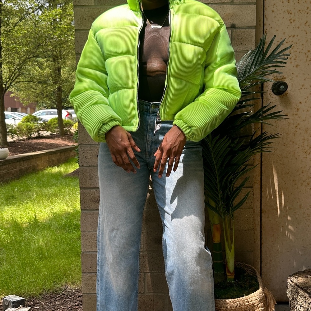 Y2K Cropped Festival Neon Green Puffer Bomber Jacket Cyber Rave Streetwear, XS/S
